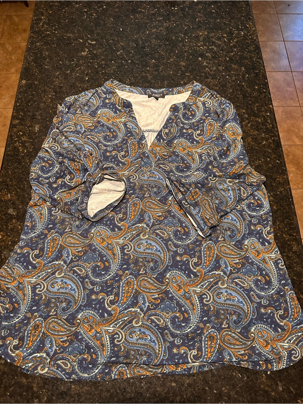 Paisley V-Neck Blouse in Blue and Brown - Women